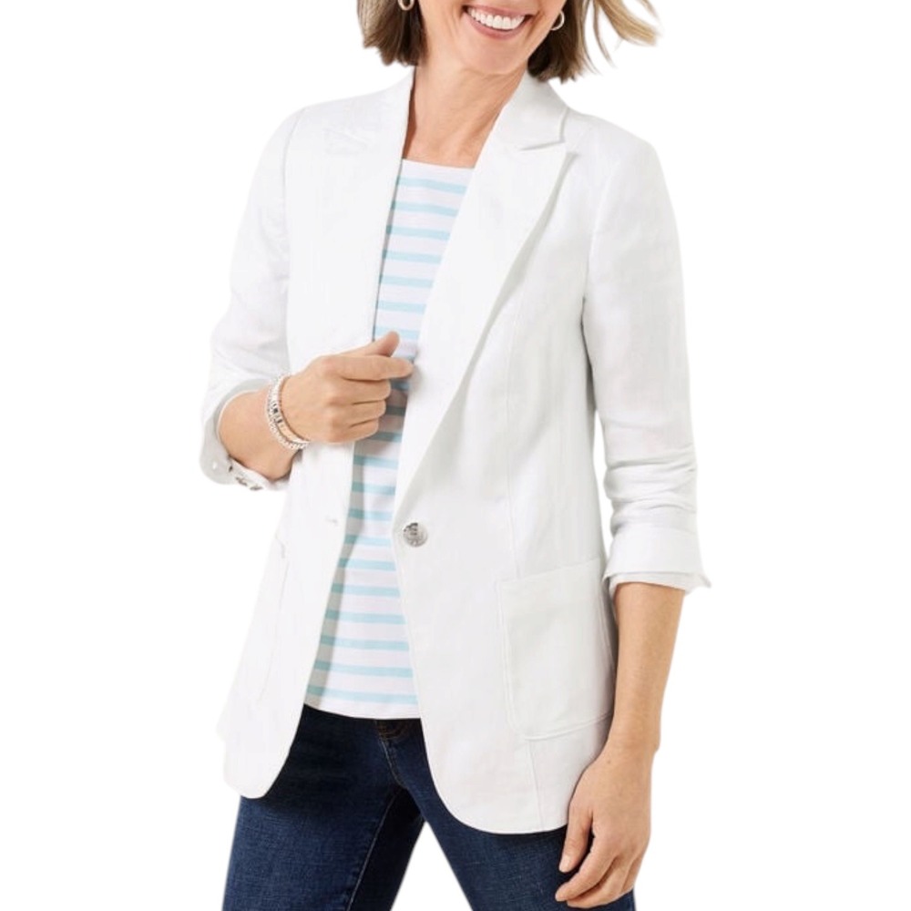 Talbots Tailored Seaming White 100% Linen Silver Button Blazer Jacket Size‎ 4